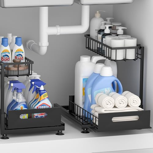 Saydear Under Sink Organizer Storage 2-Tier Premium Metal Pull-Out Kitchen Cabinet Organizer with Sliding Drawer, Height Adjustable, Heavy Duty for Kitchen & Bathroom Organizers 2 Pack Black