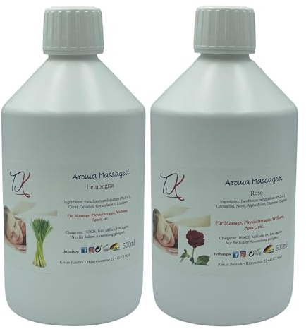 Aroma Massageöl Set-10 (2x500ml) für Massage, Physiotherapie, Wellness, Sport etc. in Pharma Qualität (1000ml, Lemongras & Rose)