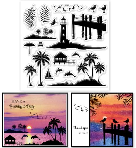 GLOBLELAND Sommer Insel Silhouette Transparente Stempel für Scrapbooking Kokosnussbaum Silhouette Klare Stamps Tropische Baum Silikonstempel Für Kartengestaltung DIY Prägung Journaling