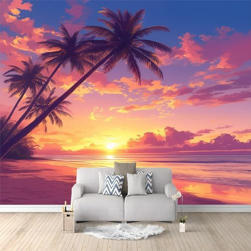 Papier Peint Intissé Palmiers de Plage au Coucher du Soleil Déco Murale Maison Chambre Salon, Photo Murale Décorative - pour Jeunesse Enfants 250 x 175 cm