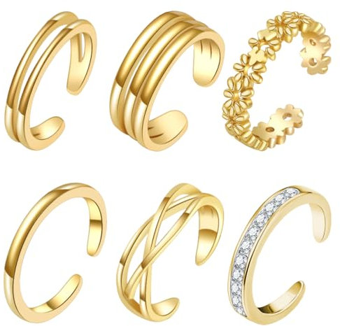 EIYVPRA 6 Stück 14 Karat Gold Gefüllte Verstellbare Zehenringe Set für Damen Blumenherz Offene Zehenringe Daumenringe Sommer Strand Fußschmuck