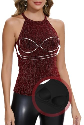 ANYFITTING Canotte Paillettes da Donna con Reggiseno Incorporato a Girocollo Halter Top Comodo Elegante Top Senza Maniche Maglietta Casual Camicetta Rosso Scintillante M