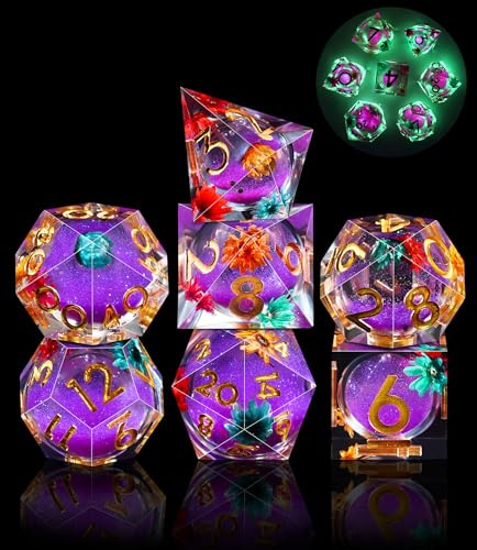 SIQUK 7 Stück Liquid Core Würfel Leuchtende Würfel Im Dunkeln Polyedrische Würfel Set D4 D6 D8 D10 D12 D20 D% Spielwürfel für DND RPG MTG
