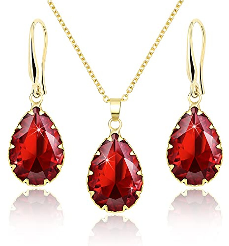 Linawe Set di gioielli rossi Set di gioielli per donna, set di orecchini pendenti in oro, collana con ciondolo a catena con rubino, gioielli alla moda, gioielli