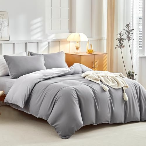 Tokokimo Parure de Lit 4 Pièces Housse de Couette 220x240cm + Drap Housse 160x200cm avec 2 taies d'oreillers 65x65cm en Microfibre, Style Simple et Classique, Couleur Unie, Gris Clair