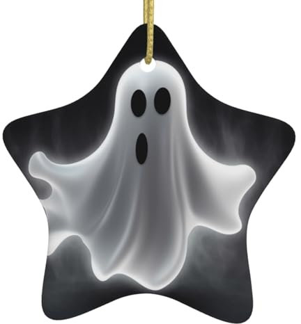 Sternförmiger Weihnachtsbaum, Keramik, zum Aufhängen, Schwarz und Halloween-Geist, Weihnachtsbaumschmuck, doppelseitig, bedruckt, Weihnachtsanhänger für Weihnachten, Familie, Party, Urlaub, Dekoration