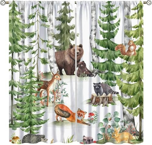 Vorhang Kinderzimmer Waldtiere Kinder Vorhänge Mit Ösen Polyester Gardinen Thermovorhang Blickdicht Ösenschal Kindergardinen 140 (B) X 160 (H) cm Für Wohnzimmer,2Er Set 9426352388121