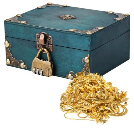 Tiardey Scatola portaoggetti a Forma di Baule del Tesoro dei Pirati, Baule del Tesoro in Legno con Lucchetto, Scatola portaoggetti Decorativa Fatta a Mano in Stile Vintage per Gioielli