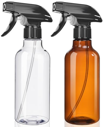Spray Bottles 2-Pack, 10 Oz, Mist & Stream, Heavy Duty Spraying Empty Water Sprayer Bottle, BPA Free Plastic Refillable Containers for Cleaning Solutions, Plants, Hair, Essential Oils (Clear & Amber)
