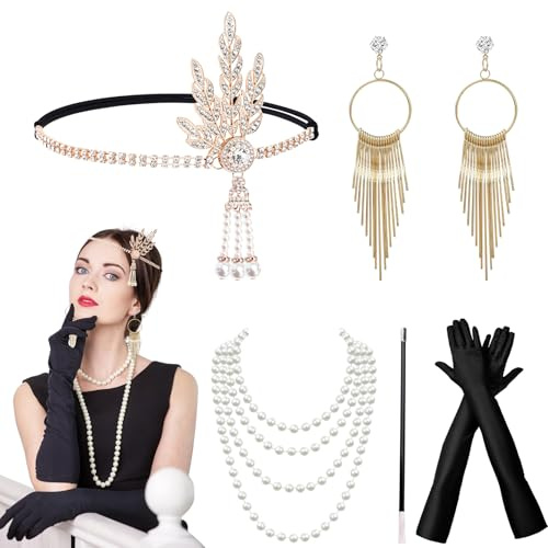 Herbst 20er Jahre Kostüm Damen Zubehör, 20er Jahre Accessoires Gatsby Accessoires Damen, 1920er Accessoires, 7 Stück Charleston Gatsby Accessoires für Federboa Schwarz, Karneval, Fasching