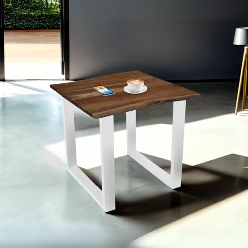 Bett11 Esstisch 90x90 cm nussbaumfarben, Akazienholz massiv 26mm, U-Gestell weiß, Baumkantentisch aus Holz, Casa Massiva