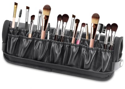 Organiseur de pinceaux de maquillage pliable, noir et étanche, support de pinceaux de maquillage de voyage, étui à cosmétiques portable en cuir (sac uniquement) (BAG-885 (18 trous)), Noir , M, Mode