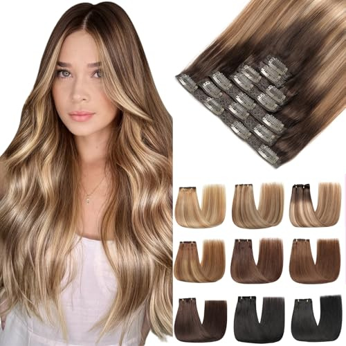 EINbeauty Clip In Extensions Echthaar 7Stücke Extensions Echthaar Dunkelbraun mit Chestnut Brau mit Ashblond Extensions Clip In 80g 35cm(14Zoll，2/6/18K#）