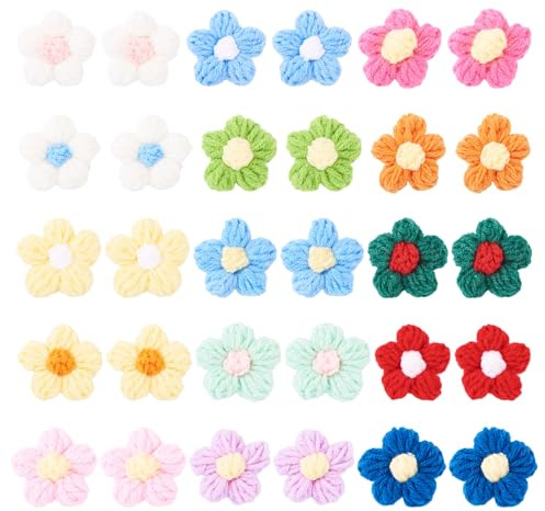 Crafans 30 Stück Blumen Baumwolle Strickzubehör Handgefertigte Blumen Patches Häkeln Blume Applikationen Nähen Handwerk Applikationen 15 Farben Niedliche Blume Baumwolle Zubehör für Kostüm Hut Tasche