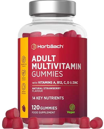 Multivitamin Gummies for Adults | 120 Count | Strawberry Flavoured | 14 Key A-Z Nutrients | with Vitamin A, B12, C, D, and Zinc | Vegan | By Horbaach