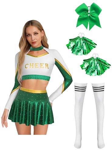 Kvysinly Damen Cheerleading Kostüm 5-tlg Rundhals Oberteil Langarm Tanktop A-linie Tanzrock Slim Fit Glockenrock Fasching Kostüm Grün XXL