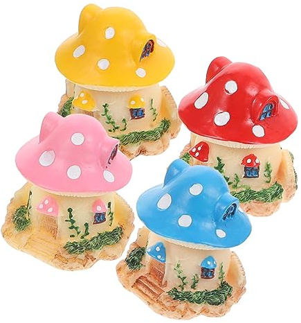 minkissy 4Pcs Resin Mushroom House Figurines Desktop Garden Ornament Cute Cartoon Miniature Decor for Flowerpots Dolls Houses Cake Decoration