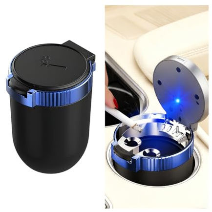 Ywdiml Car Ashtray with Lid, Stainless Steel Inner Container Vehicle Ash Tray with LED Blue Light, Detachable & Portable Automotive Interior Trash Can Accessories, Universal Fit (Black/Blue)