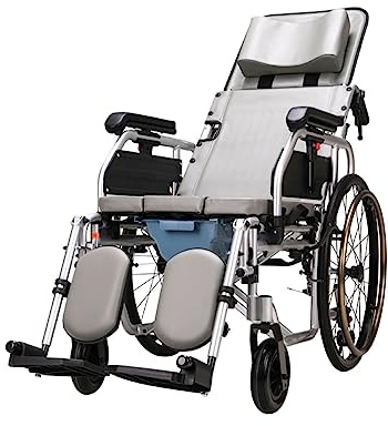 GUHPZA Lightweight Recliner Wheelchair W/Commode Full Lying Manual Wheelchair W/Removable High Back Waterproof Bathroom Shower Chair for Elderly Wheel Chair