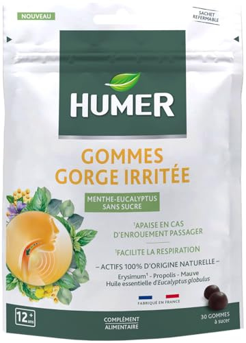 Humer Gommes Gorge Irritée Menthe Eucalyptus Apaise x30 | Formule unique Brevet déposé Sans sucre Sans lactose Sans gluten 100% origine naturelle