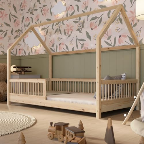 Crazy Pine - Sicheres aus Naturholz für Jungen und Mädchen - Montessori Hausbett - Kinderbett aus Massivholz mit Rausfallschutz - Crazy Polly (NaturalHolz, 160 x 80 cm)