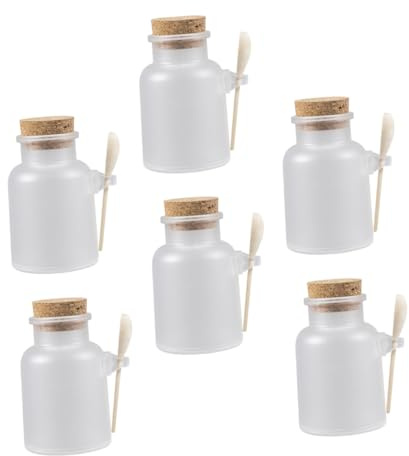 LALADEFIEE Lot de 6 Sets de Bouteilles Poudrier Translucides 100g Cuillère en Bois, Bouchon Étanche Hermétique, Plastique Solide pour Cosmétiques et Sels de Bain, Rangement Salle de Bain Pratique