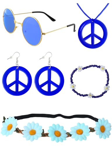Moiuguli 5 Stück Hippie Zubehör Set, 70er Jahre Kostüm Accessoires, Peacezeichen Halskette & Brille, Perlen Armbänder & Stirnband für 60er 70er Mottoparty, Disco, Festival, Damen Karneval Kostüm