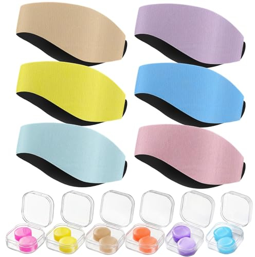 Jamntower 6 Pcs Macaron-Colored Swimming Headband and 6 Pairs Silicone Ear Plug Bundle Ear Band Keep Water Out and Hold Moldable Earplugs in for Surfing Diving Pool Showering Beach