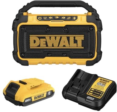DEWALT 20V MAX Bluetooth Speaker with Dual Speakers, Impact-Resistant Housing, 100 ft Range, USB Charging Port, 2.0Ah Battery and Charger Included
