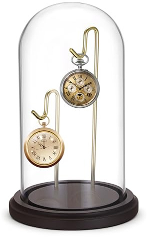 SUMNACON Glass Pocket Watch Dome Cloche with 2 Hook, Walnut Base 12.5*21cm | Decorative Clear Display Cloche Dome Display Bell Jar Glass Medal Cover Watch Ornament Showcase (No Watch)