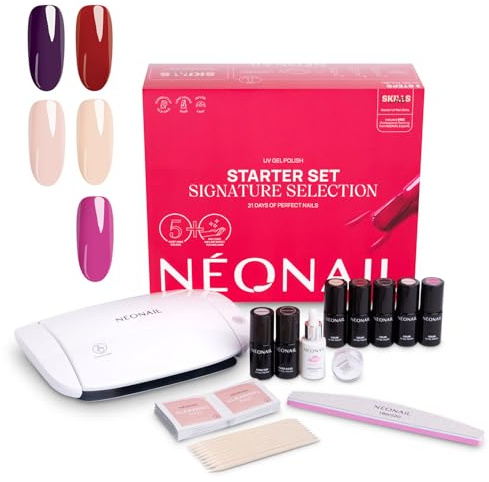 NÉONAIL Signature Selection Starter Set - Pintauñas Semipermanentes - Lampara Uñas Semipermanentes - Gel Uñas - Top Coat - Lampara de Uñas UV/LED 22W/48 - Manicura - Base Coat - Colores Uñas - Kit