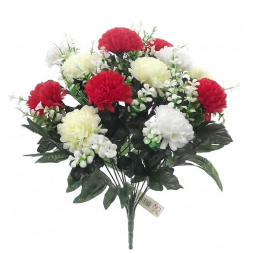 Blumen aus Kunstseide 36 cm, Stachelige Chrysantheme / Chrysanthemenstrauß – 14 Blütenköpfe pro Bund, Red White & Cream, 1 Bunch