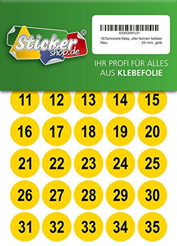 100 nummerierte Klebepunkte, 25 mm, gelb, aus PVC Folie, wetterfest, Markierungspunkte Kreise Punkte Zahlen Nummern Aufkleber