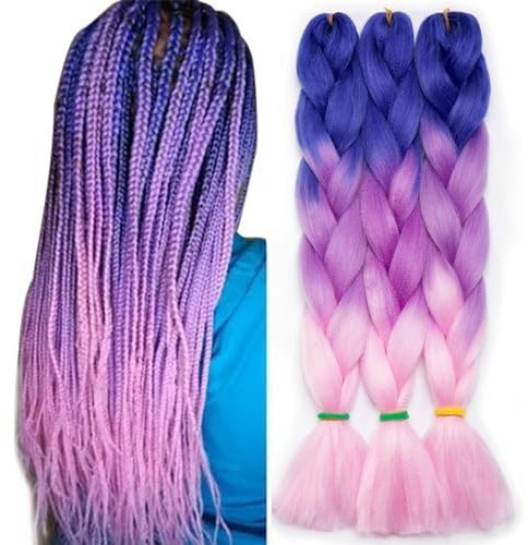 TESS Meches pour Tresses Africaine, Meche Cheveux Tresse Cheveux Rajout Meches Pour Tresses Braid Pré éTiré 100g 1 Paquets 60cm Bleu/Violet/Rose