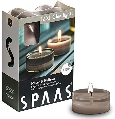 Spaas 12 Maxi Duftenden Clearlights, Teelichter mit durchsichtigem Halter, ± 10 Stunden - Relax & Relieve, 0392156.479, Warmes Grau, D 57 mm x H 28 mm