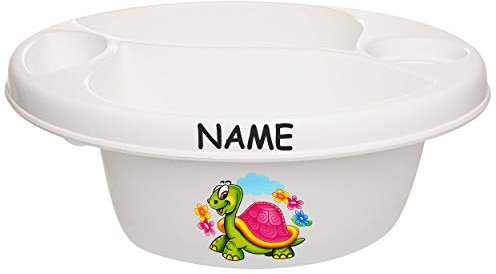 alles-meine.de GmbH Waschschüssel/Kinderwaschbecken - weiß Tiere - Schildkröte & Blumen inkl. Name - Bieco - 3 Kammern - Baby - Putzeimer - Windeln Wickelschüssel - Windel ..