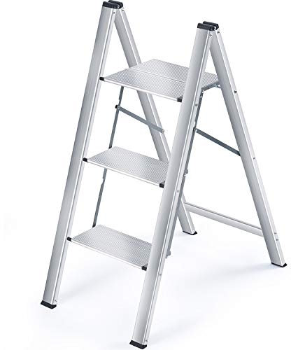 KINGRACK Scaletta pieghevole in alluminio a 3 gradini, sgabello portatile sottile, scaletta di sicurezza per uso domestico con multifunzione (Argento, 3 Passi)