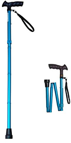 Bastón Plegable y Ajustable en Altura para Mayores de Aluminio – Empuñadura Anatómica y Ambidiestra con Cinta de Sujeción (Azul)
