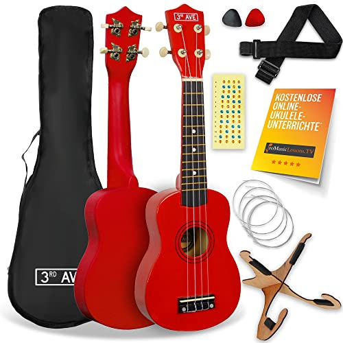 3rd Avenue Sopranukulelepaket för nybörjare från 3rd Avenue 53 cm (21 tum) – fodral, stativ, axelband, strängar, plektrum och klistermärken för greppbräda – röd