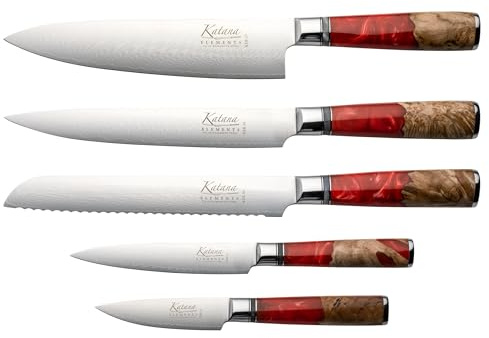 Katana Saya Elements, Volcanic Red, 6 Piece Knife Block Set, Chef's, Carving, Bread, Utility and Paring Knives, Hardwood Block, Japanese VG-10 Damascus Stainless Steel, Olive Wood with Resin Handle