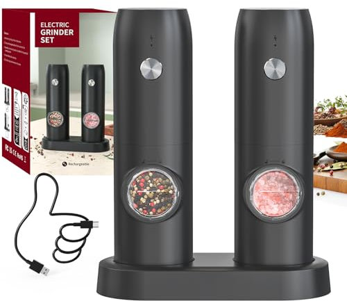CIRCLE JOY Electric Pepper Grinder Mills, USB Rechargeable Salt and Pepper Set with Charging Base, Ceramic Grind and Adjustable Coarseness, Automatic Grinder for Home, Kitchen