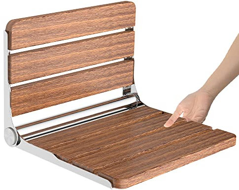 Heuffe Asiento Ducha Plegable de Pared - Capacidad 200kg Respaldo, Antideslizante Mayores/Discapacitados, Banco Abatible Sapele, Madera