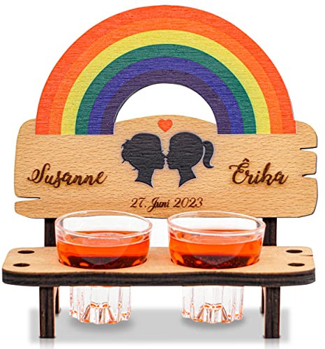 Munera Design - Schnapsbank Mit Gravur Bunt - Mit 2 Schnapsgläsern - Hochzeitsgeschenk Brautpaar Personalisiert - Namen Ehepaar Hochzeitstag graviert – Geschenk Hochzeit
