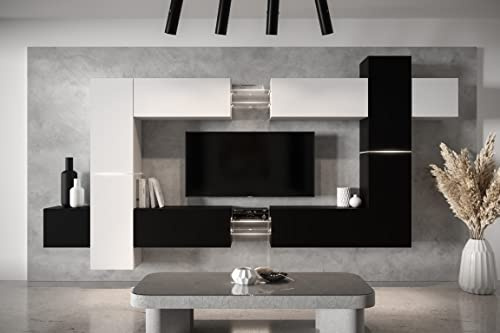 Furnitech Wohnwand Wohnzimmer - Wohnzimmer Möbel mit LED Weiß - Hängend Wohnwand Modern - Wohnzimmer Schrankwand mit Regale und TV Schrank (AN91NEW-21WB-M7 MATT)
