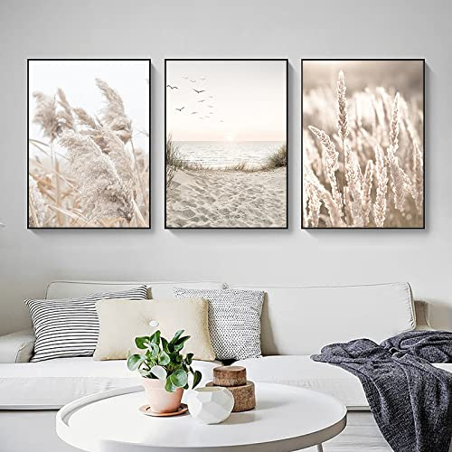 Trayosin 3er Set Wandbilder Boho Pampasgras, Beige Poster für Schlafzimmer und Wohnzimmer, Vintage, Ohne Rahmen (A,50x70cm)