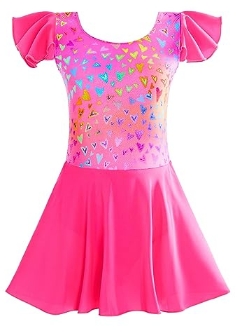 TENVDA Ballet Leotards for Girls 7-8 Years Sparkly Hotpink Hearts Dance Dress Flutter Sleeve Gymnastics Ballerina Outfit