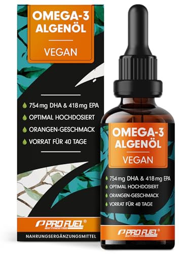 Omega-3 Algenöl 100 ml - hochdosiert mit 3665 mg Algenöl, davon 1203 mg DHA & 667 mg EPA - veganes Omega-3 Öl + Ahiflower® Öl mit angenehmem Orangen-Geschmack - laborgeprüft mit Zertifikat