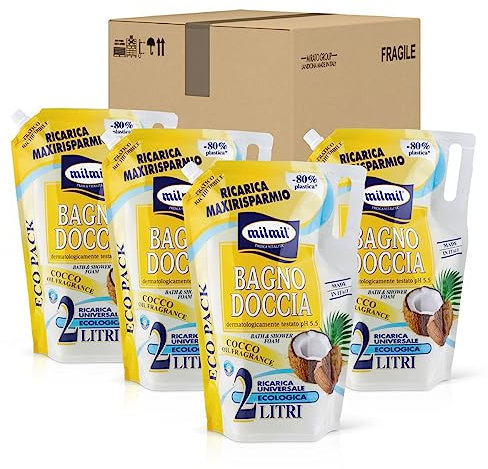 Milmil Bagno Doccia Cocco Oil, Detergente Profumato, Busta Ricarica Maxi, 4 x 2000 ML