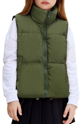 Arshiner Girl's Winter Vest Lightweight Sleeveless Warm Outerwear Puffer Vest Padded Gilet Army Green Size 10-11