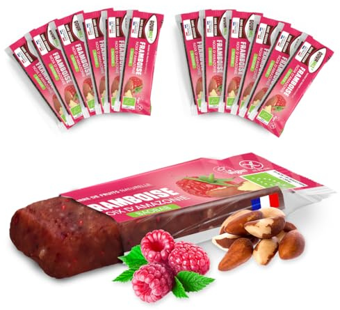 Gourmiz' - 12 x 35gr, barritas energeticas frambuesa, nuez amazónica, dátiles, barritas proteinas sin azucar añadido, sin gluten, vegano, snacks, fruta, frutos secos, protein bar, proteina vegana